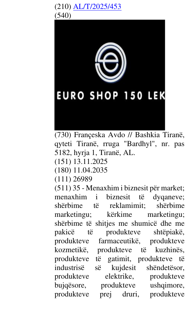 Zëri i markës Euro shop 150 lek në buletin