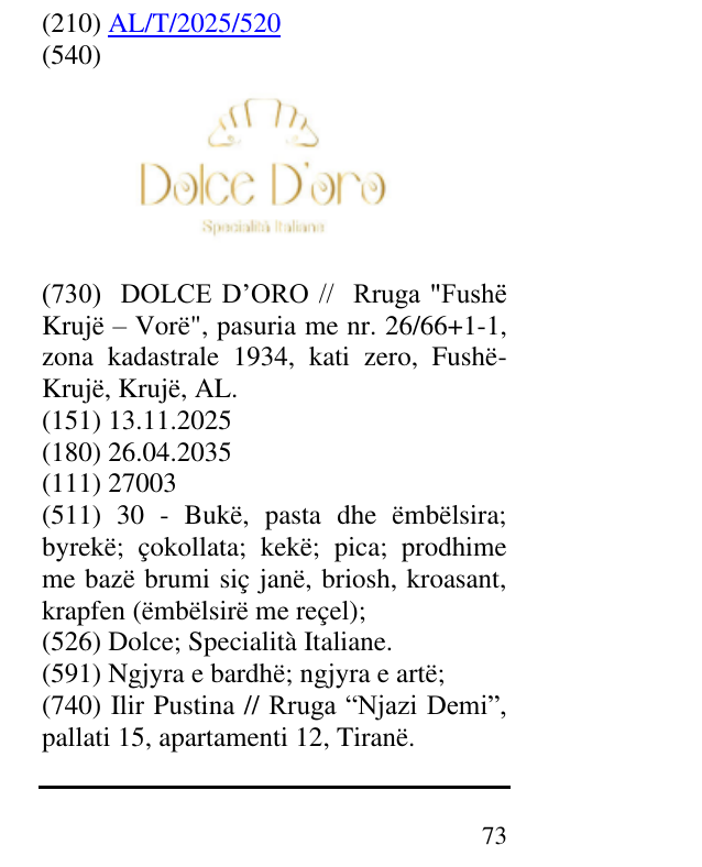 Zëri i markës Dolce; Specialità Italiane. në buletin