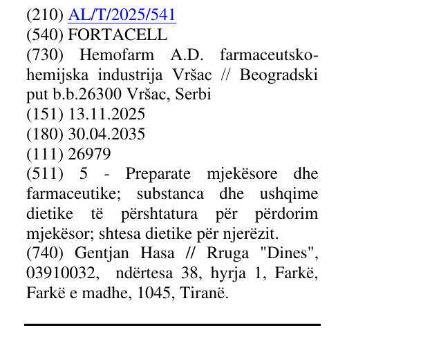 Zëri i markës FORTACELL në buletin