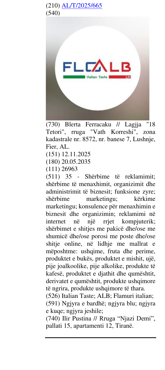 Zëri i markës Italian Taste; ALB; Flamuri italian; në buletin
