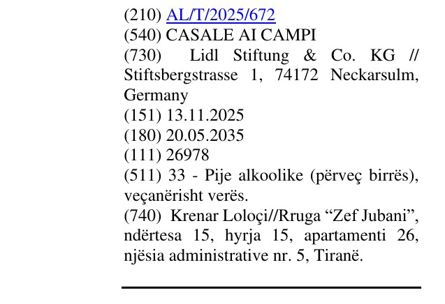 Zëri i markës CASALE AI CAMPI në buletin