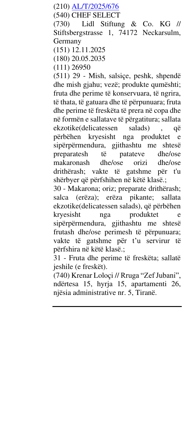 Zëri i markës CHEF SELECT në buletin