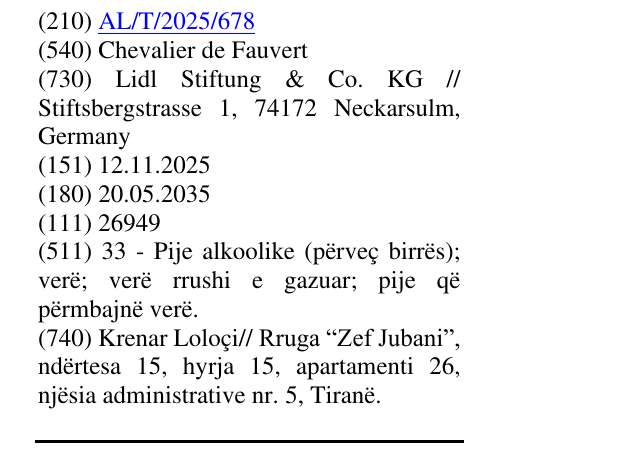 Zëri i markës Chevalier de Fauvert në buletin