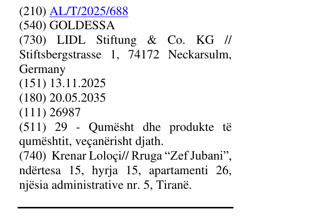Zëri i markës GOLDESSA në buletin