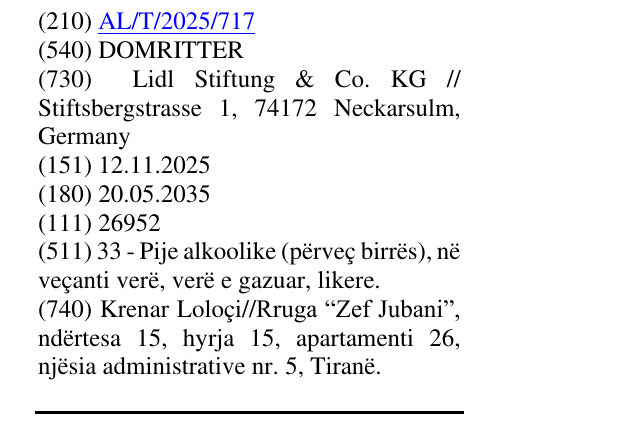 Zëri i markës DOMRITTER në buletin