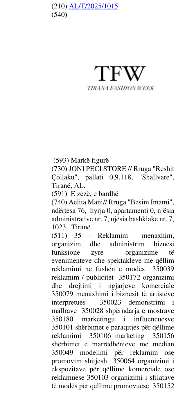 Zëri i markës TFW TIRANA FASHION WEEK në buletin