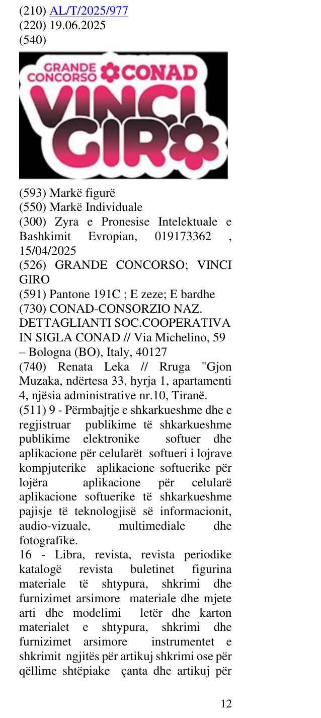 Zëri i markës GRANDE CONCORSO; VINCI GIRO në buletin