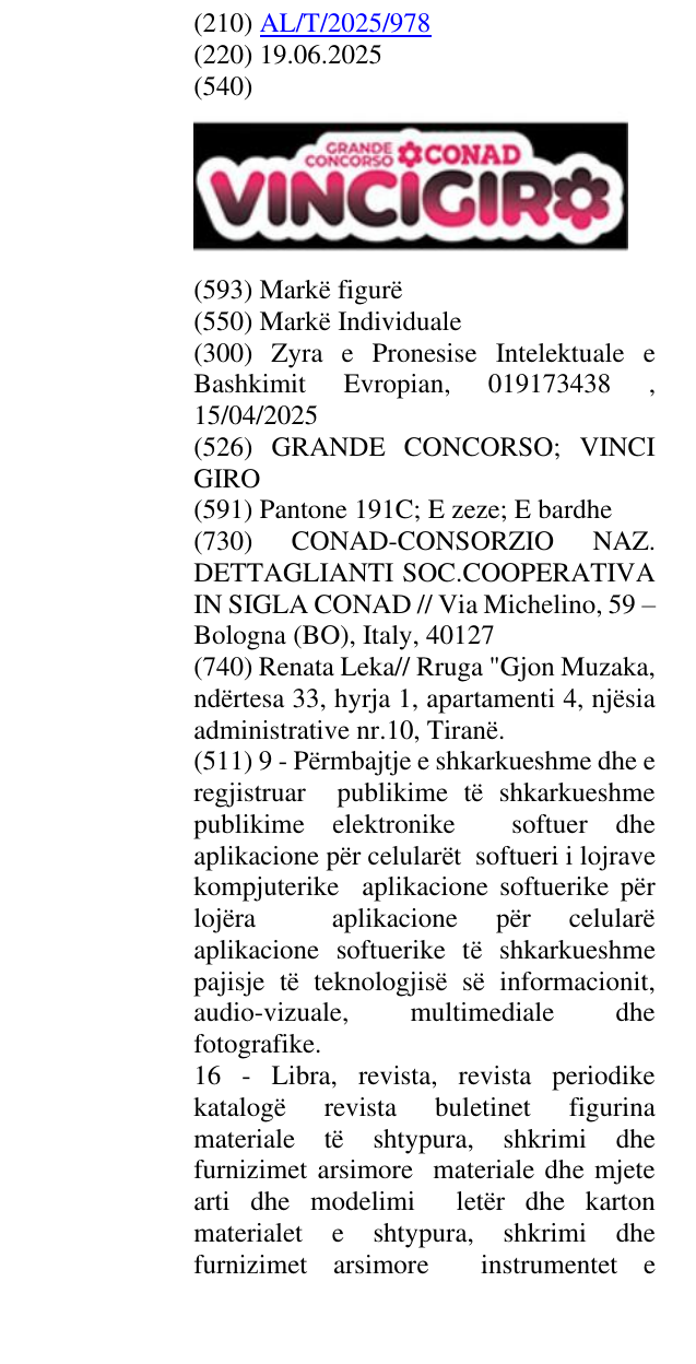 Zëri i markës GRANDE CONCORSO; VINCI GIRO në buletin
