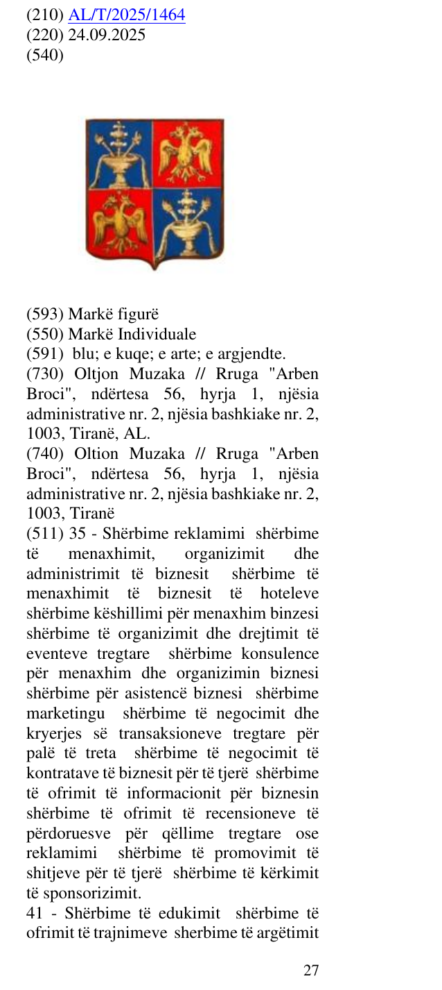 Zëri i markës AL/T/2025/1464 në buletin