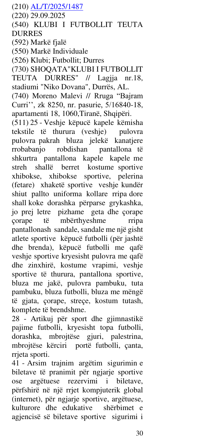 Zëri i markës KLUBI I FUTBOLLIT TEUTA DURRES në buletin