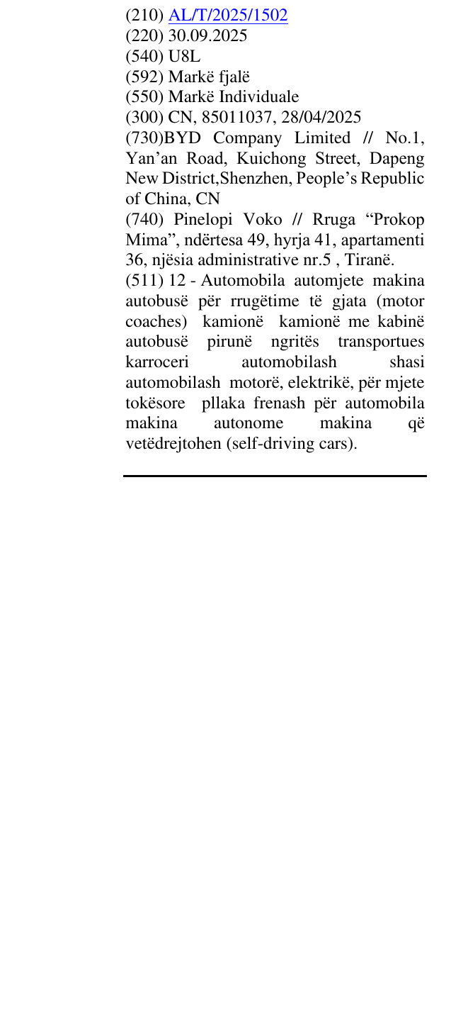 Zëri i markës U8L në buletin