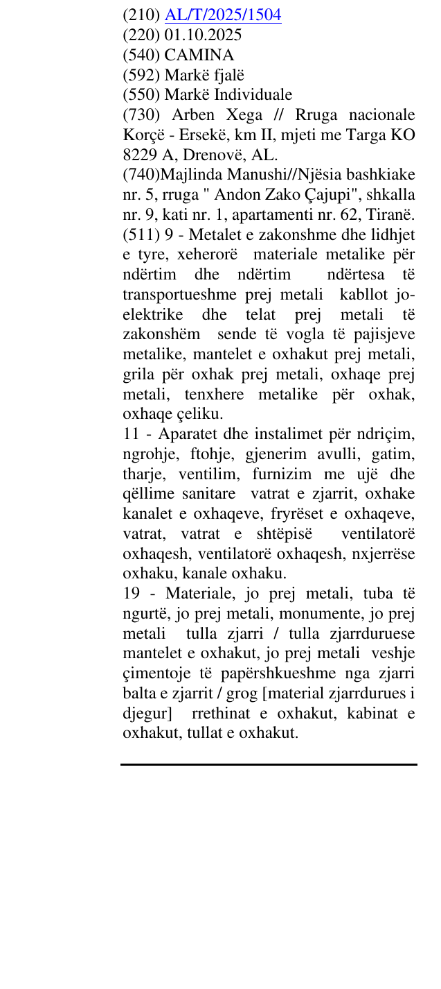Zëri i markës CAMINA në buletin