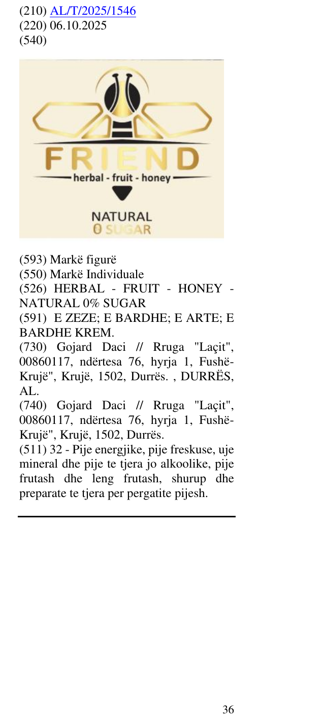 Zëri i markës HERBAL - FRUIT - HONEY - NATURAL 0% SUGAR në buletin