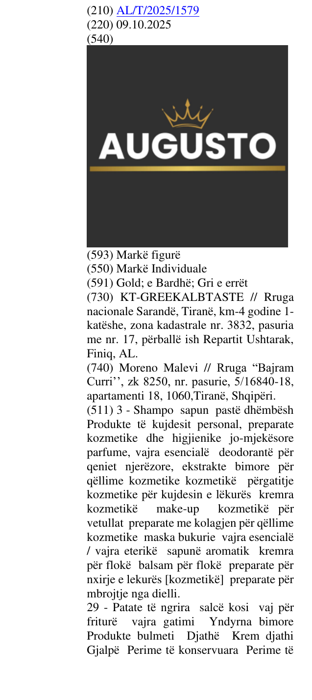 Zëri i markës AUGUSTO në buletin
