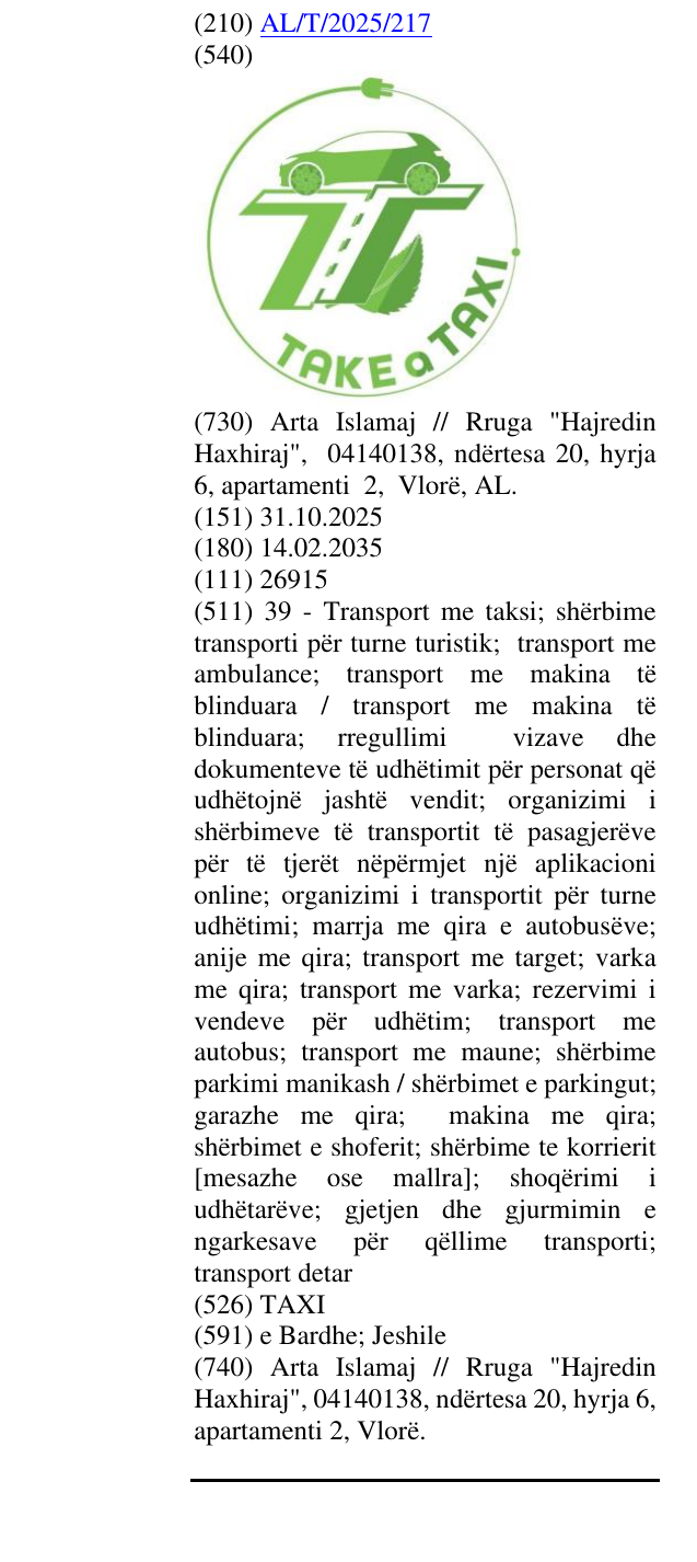 Zëri i markës TAXI në buletin