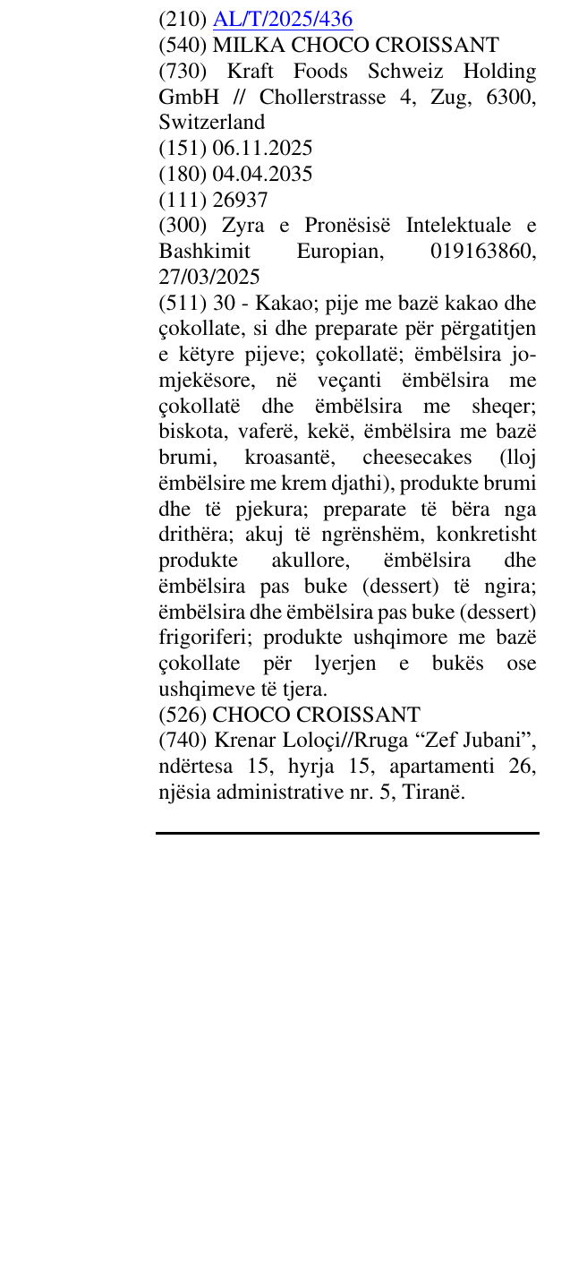 Zëri i markës MILKA CHOCO CROISSANT në buletin