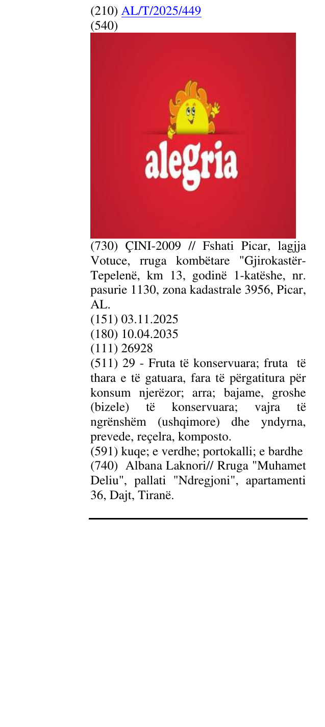 Zëri i markës Alegria në buletin