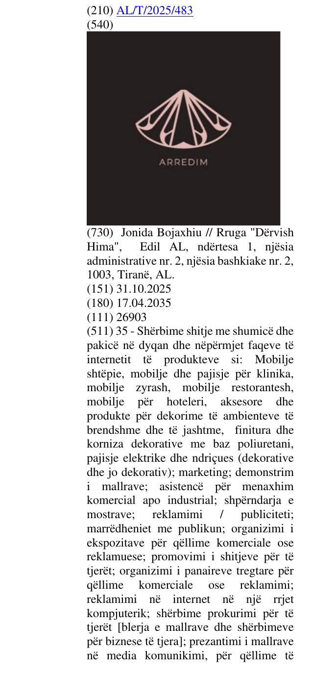 Zëri i markës ARREDIM në buletin