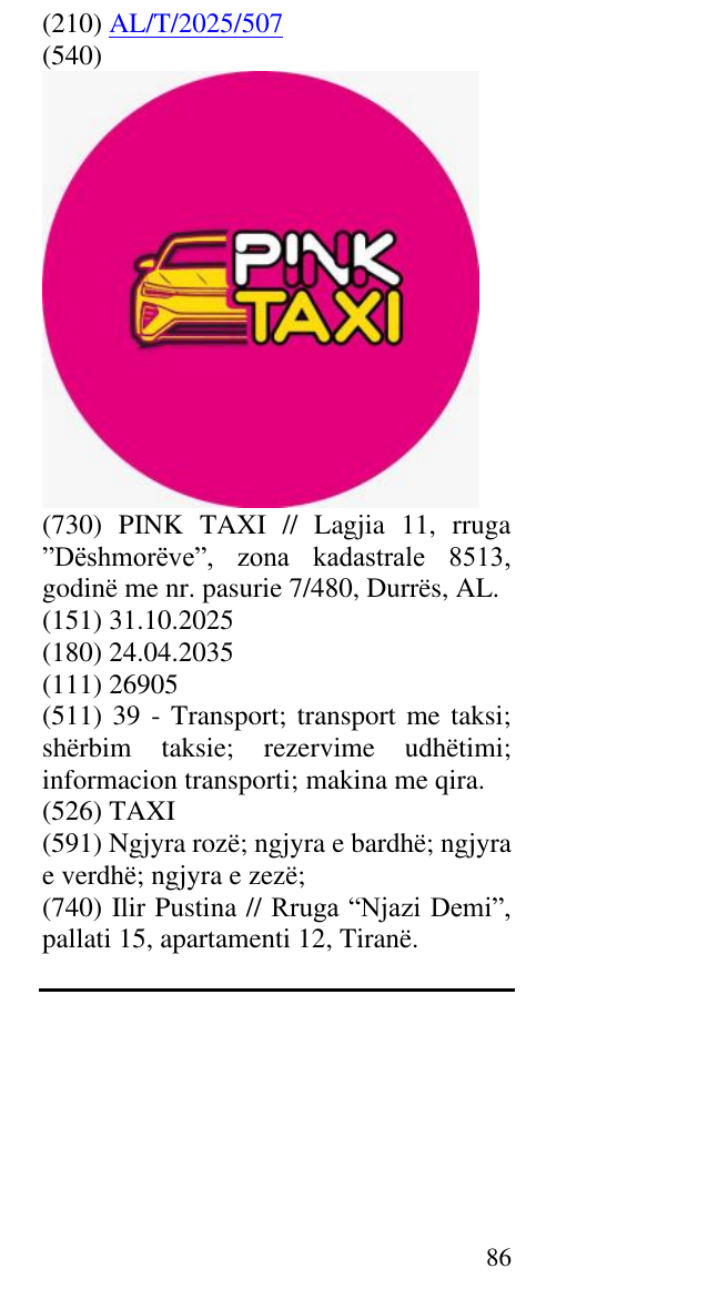 Zëri i markës TAXI në buletin