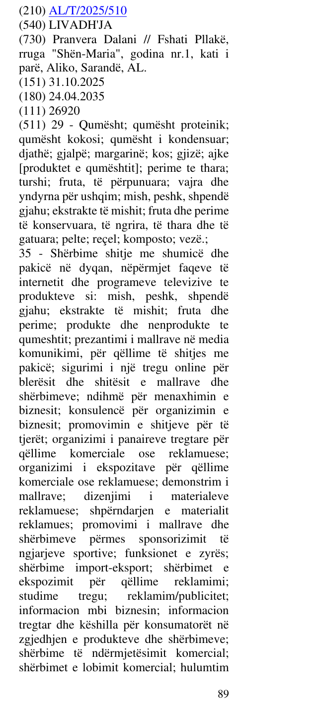 Zëri i markës LIVADH'JA në buletin