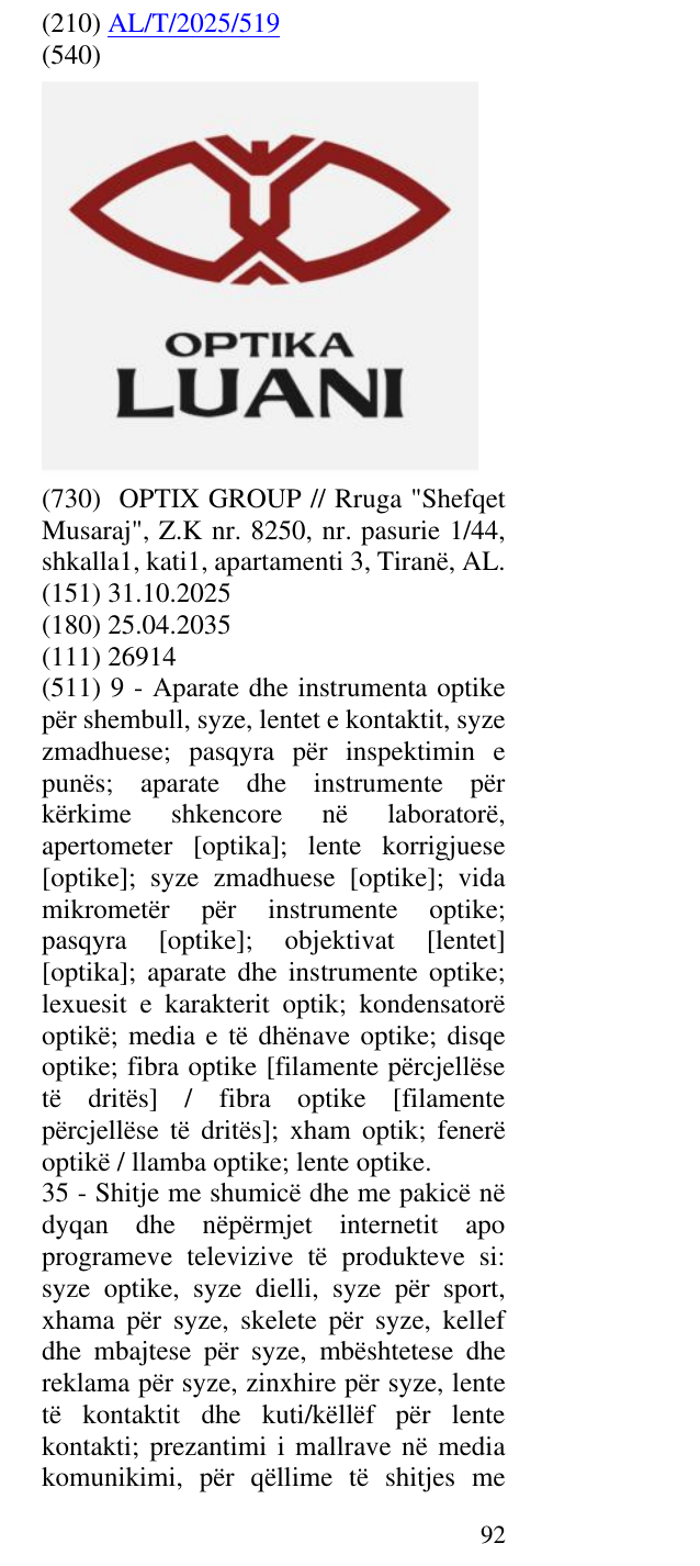 Zëri i markës OPTIKA në buletin