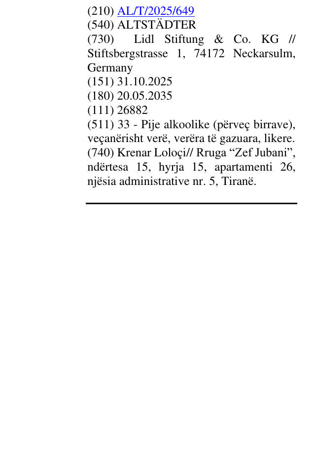 Zëri i markës ALTSTÄDTER në buletin