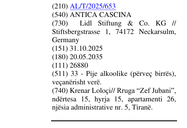 Zëri i markës ANTICA CASCINA në buletin