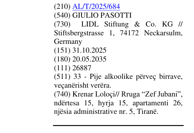 Zëri i markës GIULIO PASOTTI në buletin