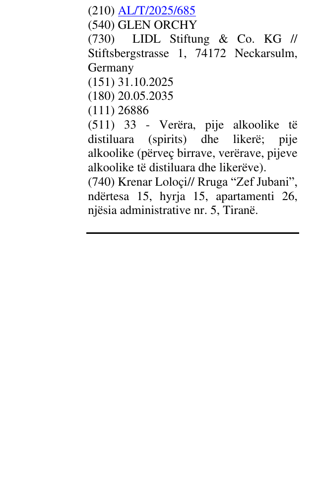 Zëri i markës GLEN ORCHY në buletin