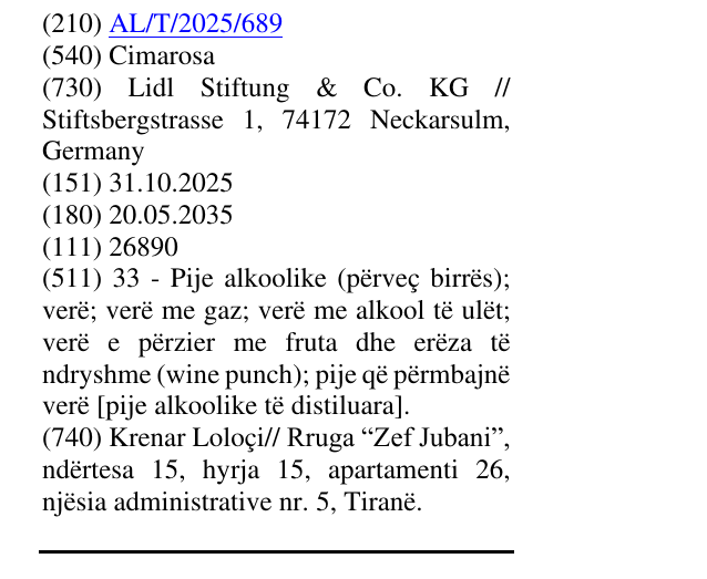 Zëri i markës Cimarosa në buletin