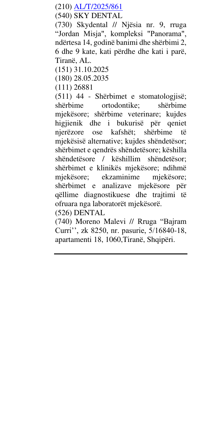 Zëri i markës SKY DENTAL në buletin