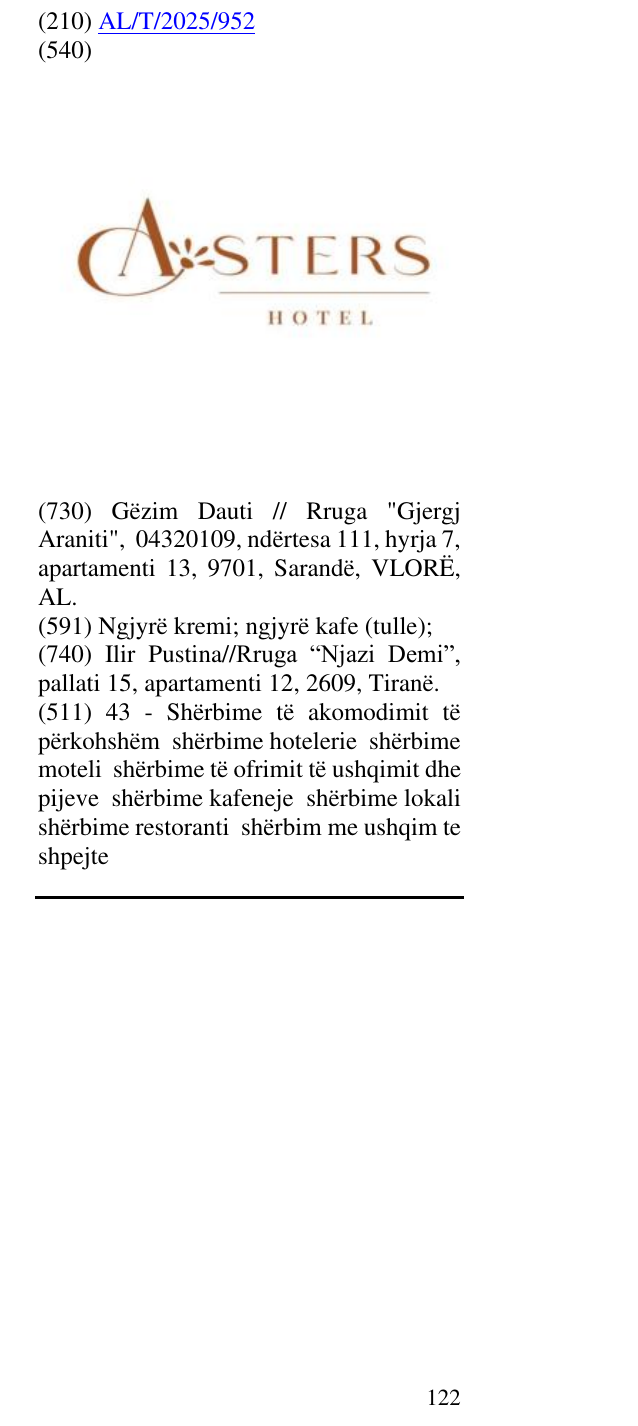 Zëri i markës ASTERS HOTEL në buletin