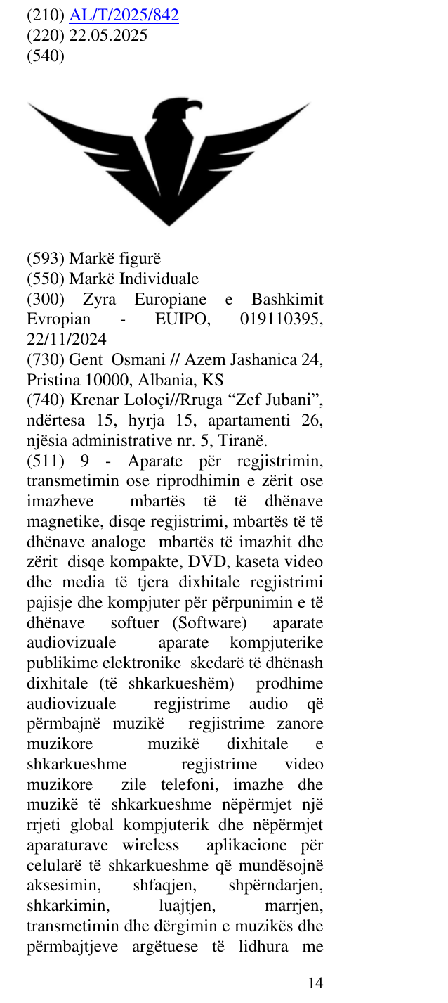 Zëri i markës AL/T/2025/842 në buletin