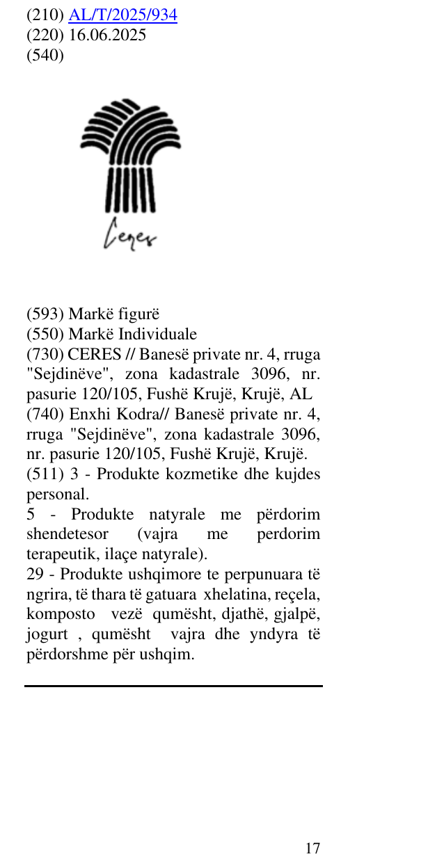 Zëri i markës Ceres në buletin