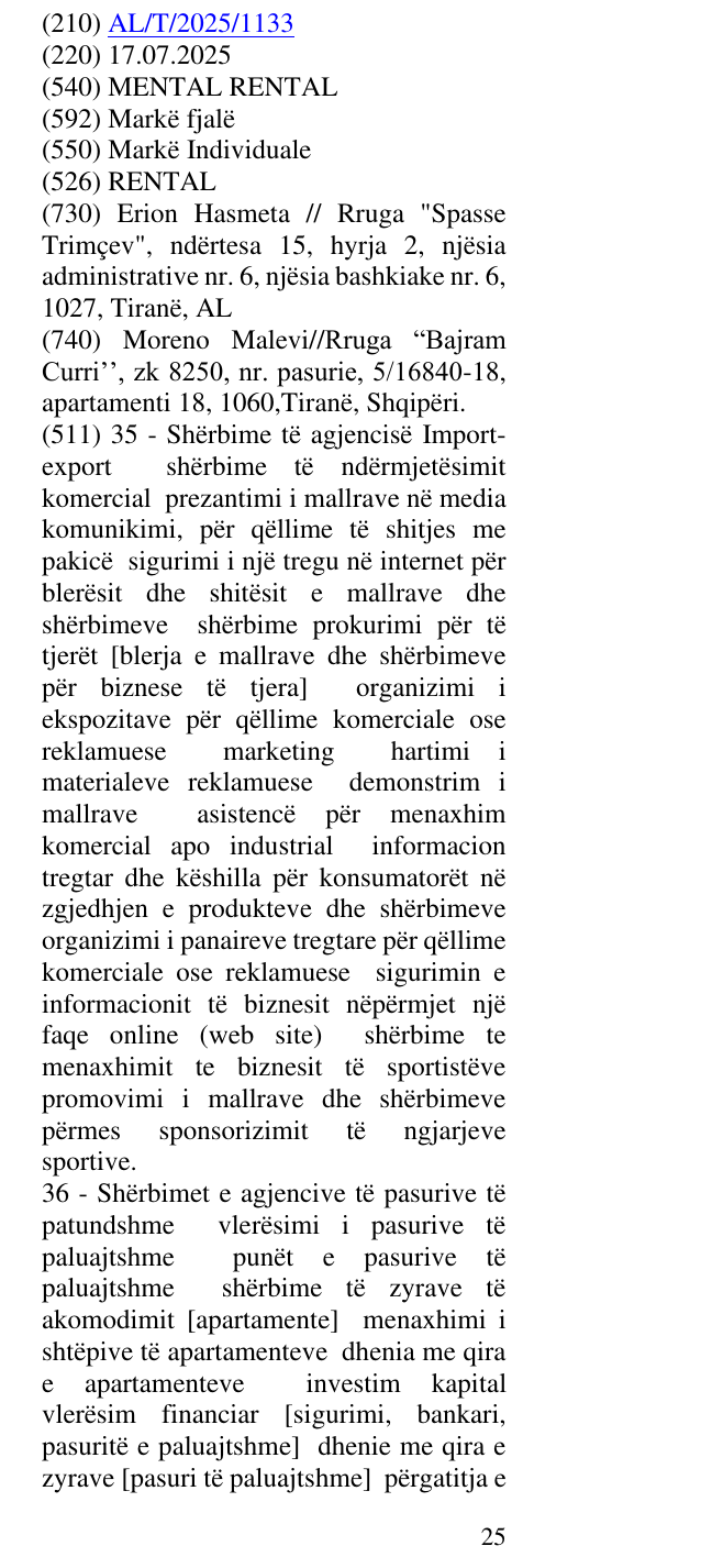 Zëri i markës MENTAL RENTAL në buletin