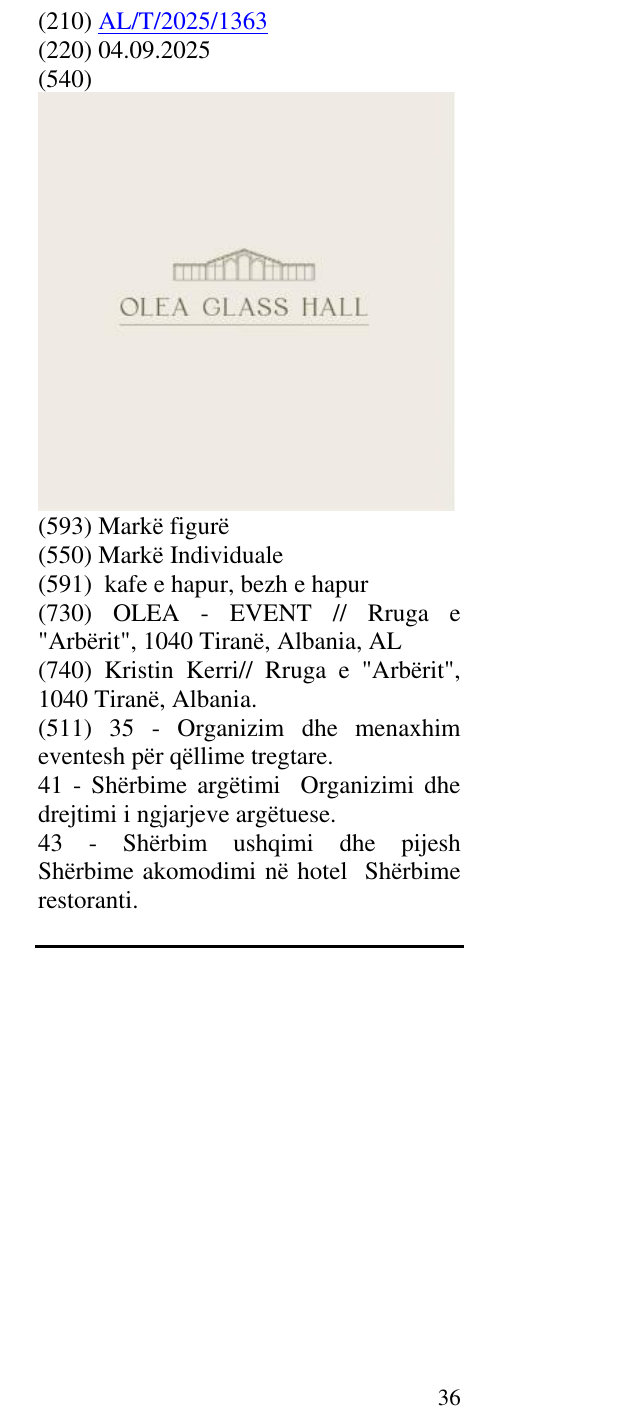 Zëri i markës OLEA GLASS HALL në buletin