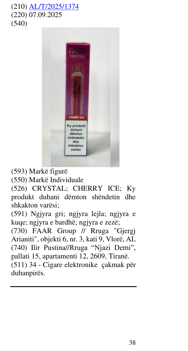 Zëri i markës CRYSTAL; CHERRY ICE; Ky produkt duhani dëmton shëndetin dhe shkakton varësi; në buletin