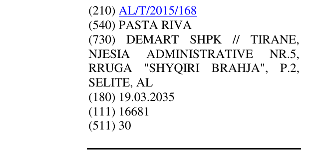 Zëri i markës PASTA RIVA në buletin
