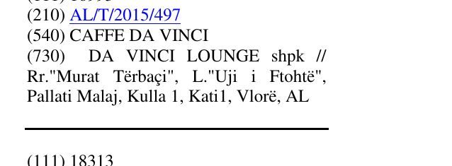 Zëri i markës CAFFE DA VINCI në buletin