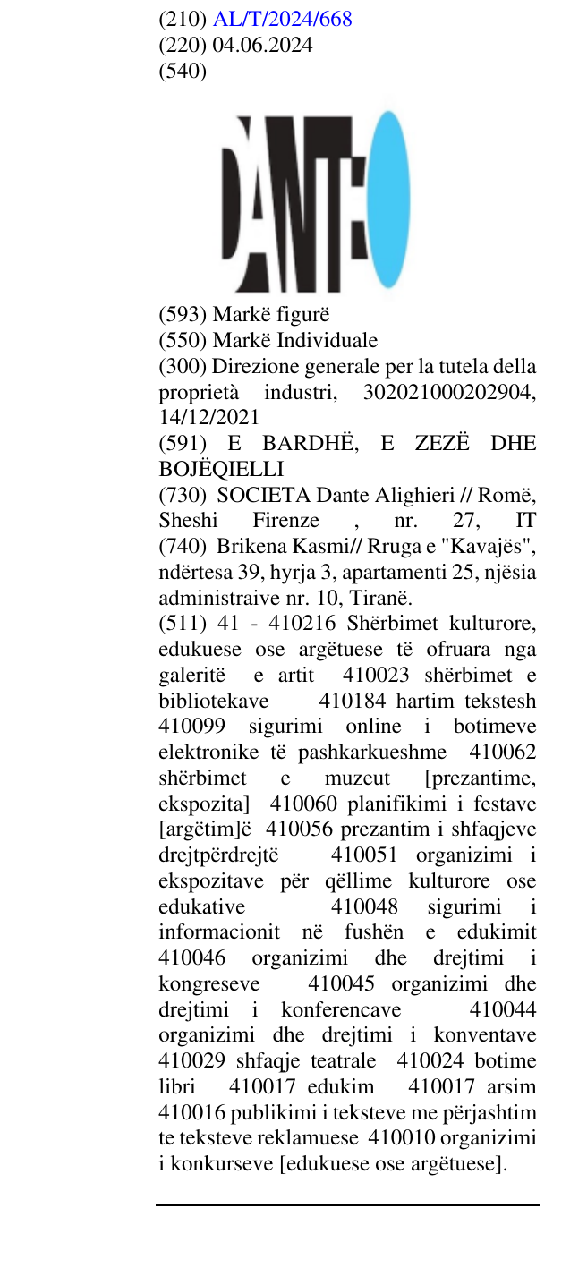 Zëri i markës DANTE në buletin