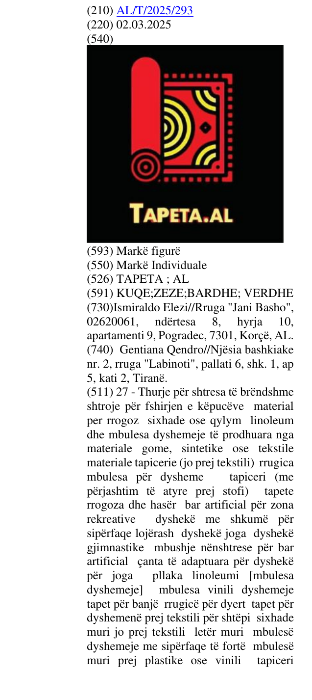 Zëri i markës TAPETA ; AL në buletin