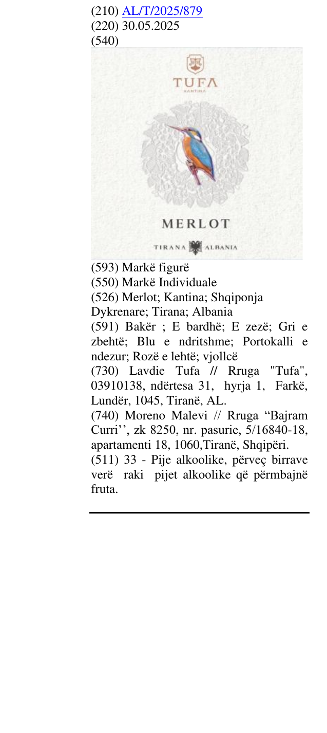 Zëri i markës Merlot; Kantina; Shqiponja Dykrenare; Tirana; Albania në buletin