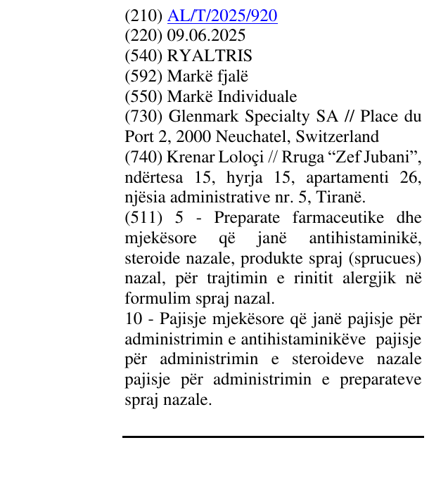 Zëri i markës RYALTRIS në buletin