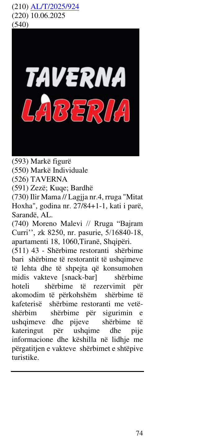 Zëri i markës TAVERNA në buletin