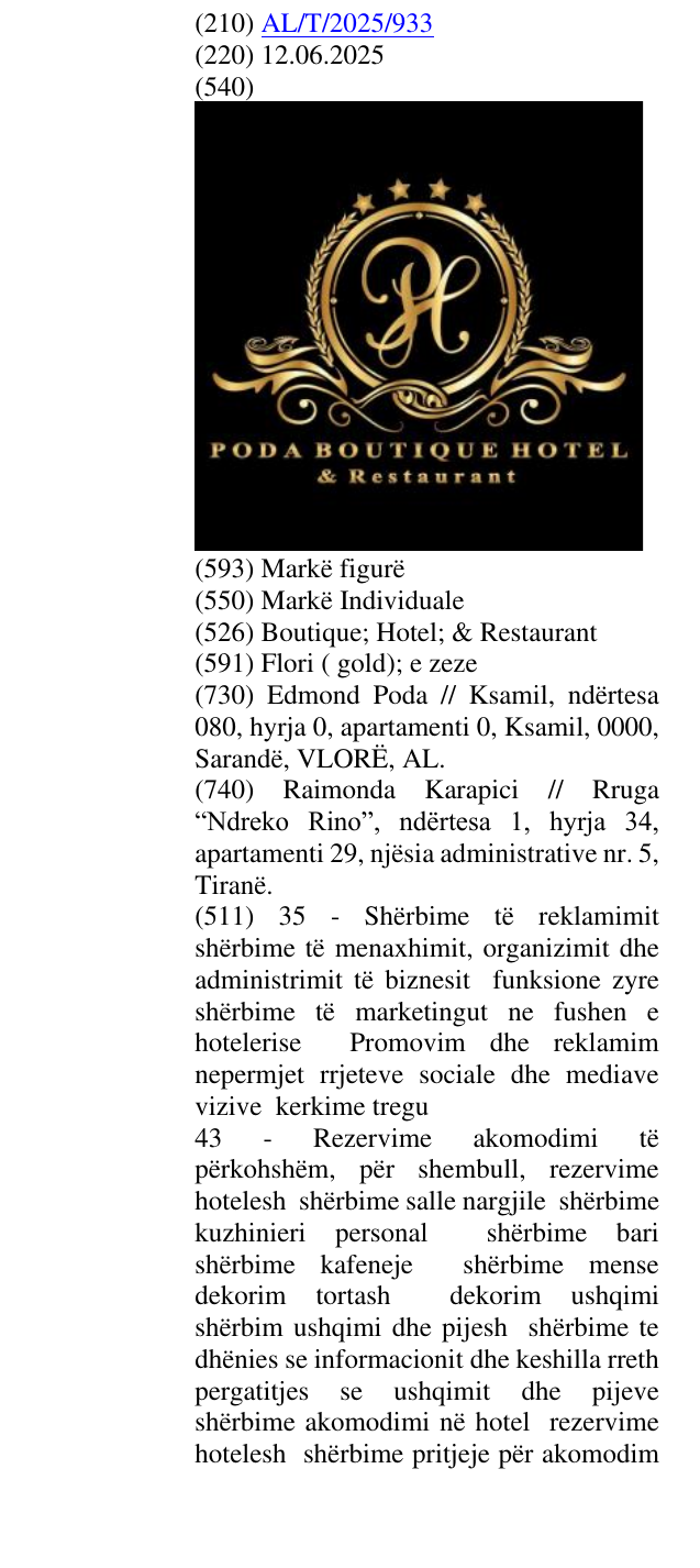 Zëri i markës Boutique; Hotel; & Restaurant në buletin