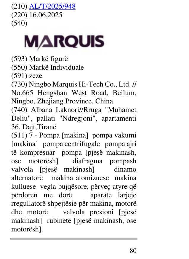 Zëri i markës MARQUIS në buletin