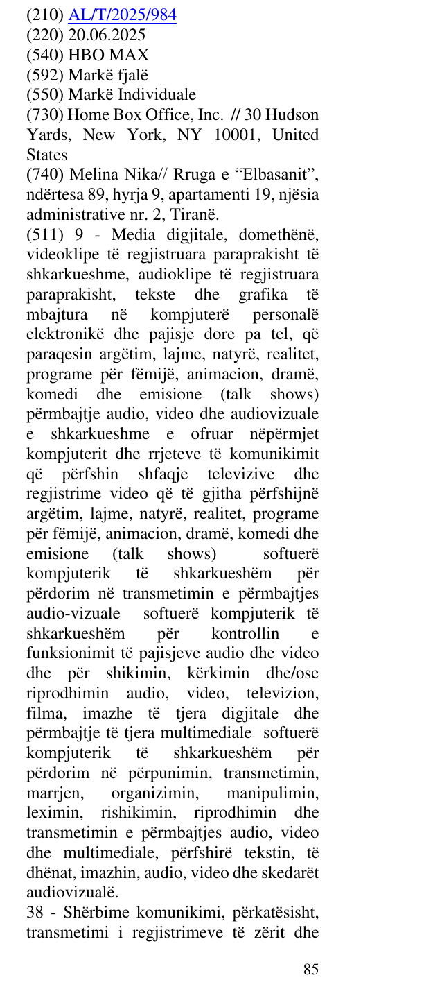 Zëri i markës HBO MAX në buletin