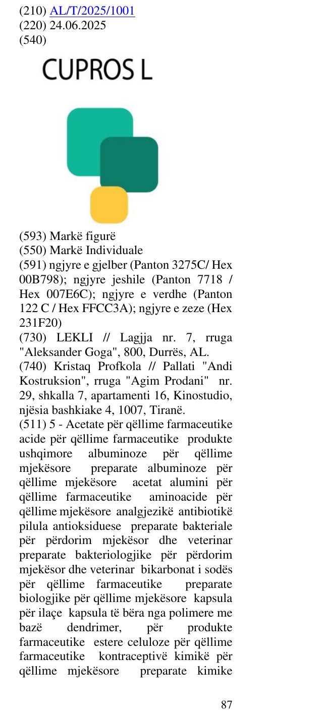 Zëri i markës CUPROS L në buletin
