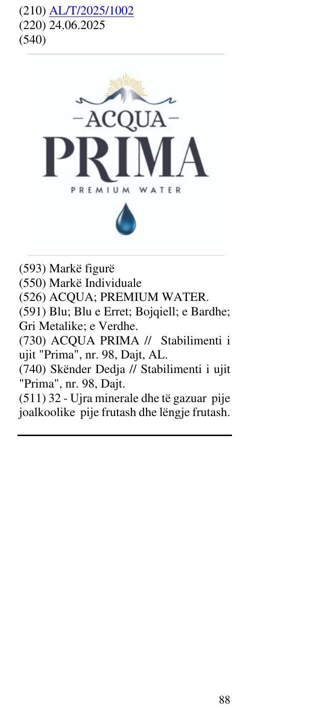 Zëri i markës ACQUA; PREMIUM WATER. në buletin