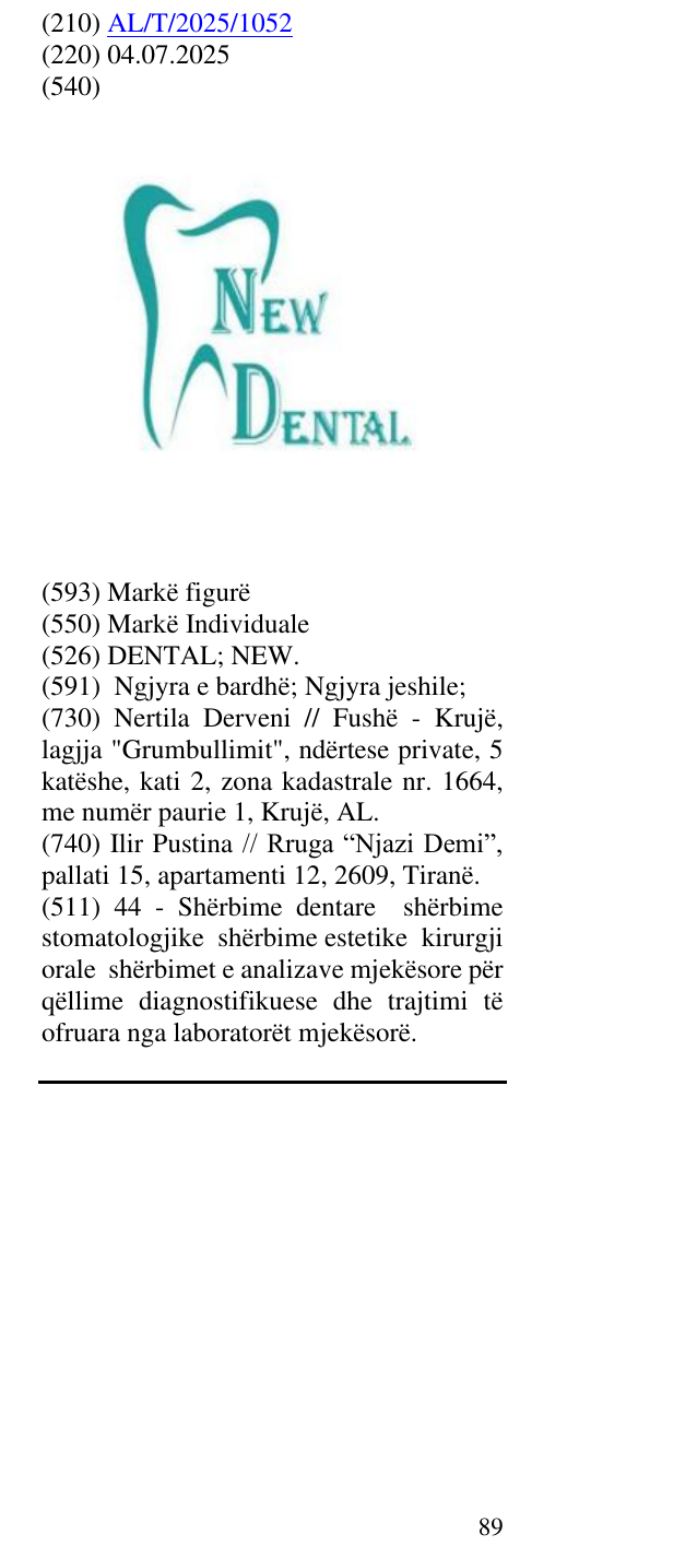 Zëri i markës DENTAL; NEW. në buletin